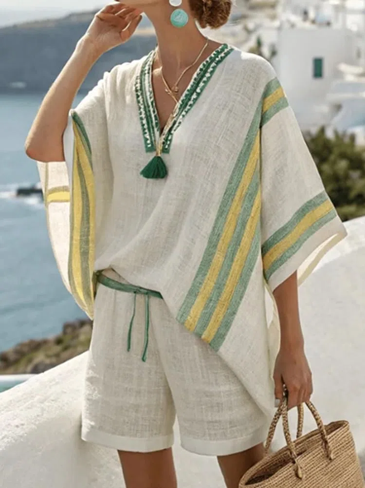 Completo Donna Estivo Tuta Completa 2 Pezzi Maglietta Mezza Manica Scollo V + Pantaloncini Vita Alta Gamba Larga Tute Completi Estivi