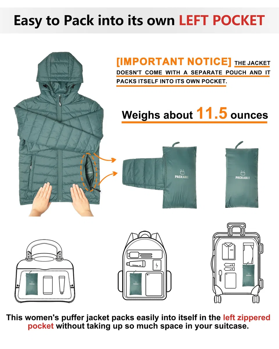 Outdoor Ventures Giacca trapuntata da donna, leggera, avvolgente, calda, con cappuccio, foderata, con tasche, per il tempo libero, le escursioni, i viaggi