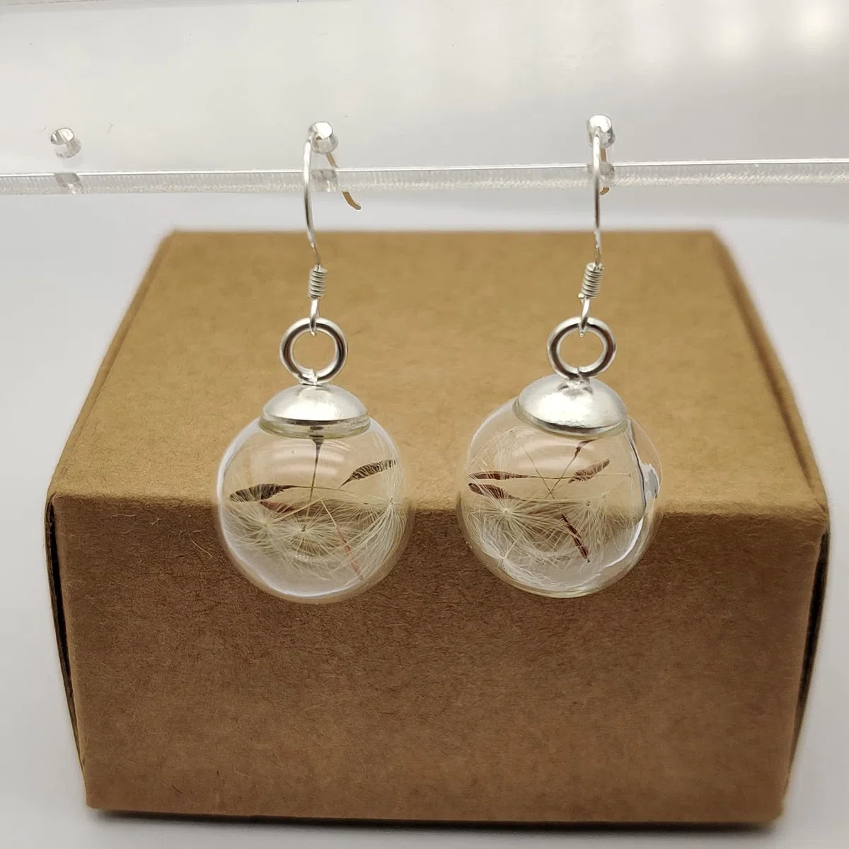 Dente di leone Esprimi un Desiderio Tarassaco Vero Fiori Vetro Palla Argento Sterling 925 Orecchini Goccia e pendenti Donna Handmade