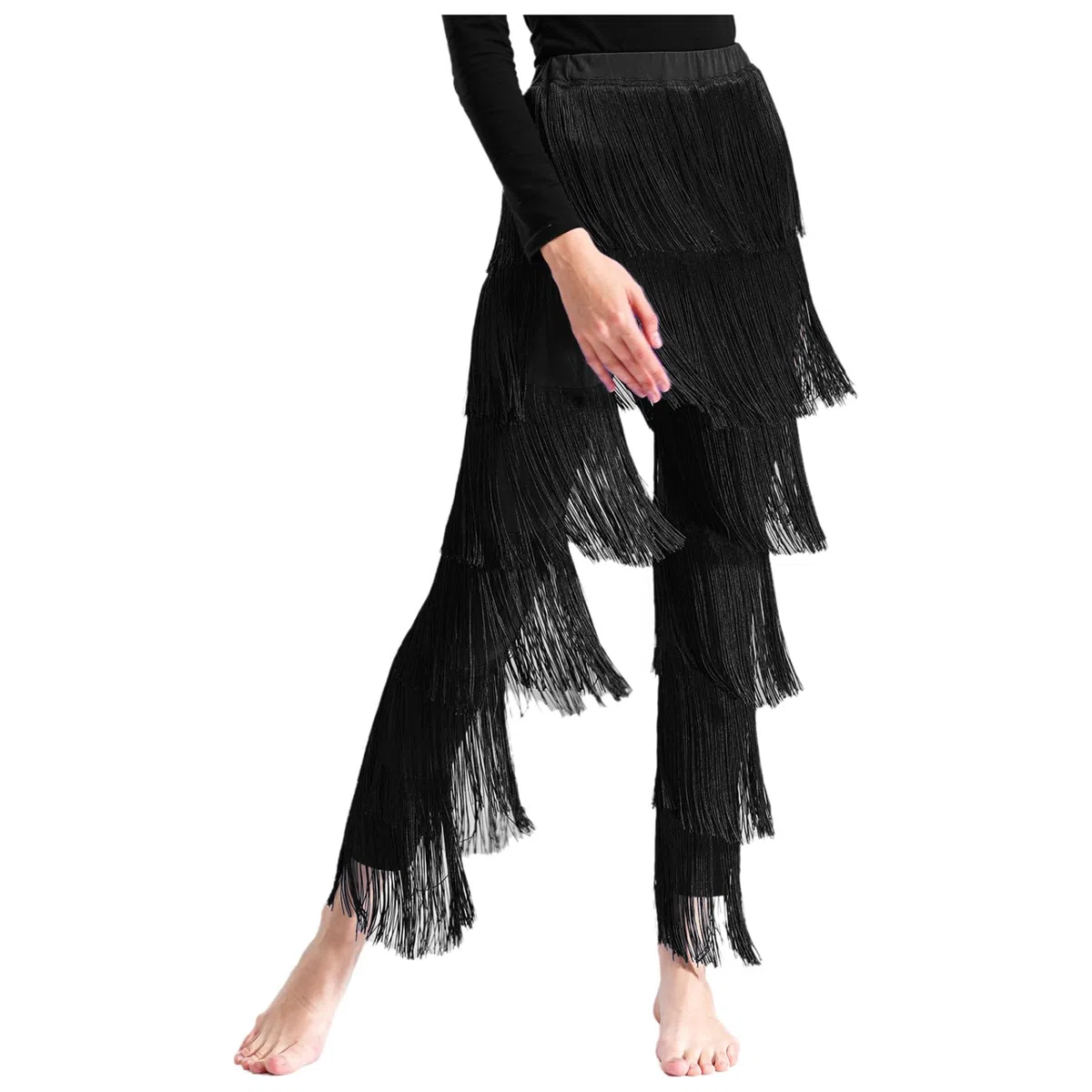 Pantaloni da danza latina con frange da donna, pantaloni da danza Rumba Tango Chacha Salsa, costume da ballo