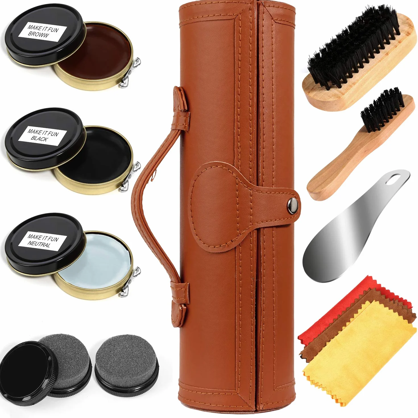 Kit lustrascarpe con elegante custodia in pelle PU, kit spazzola lustrascarpe da viaggio in 12 pezzi