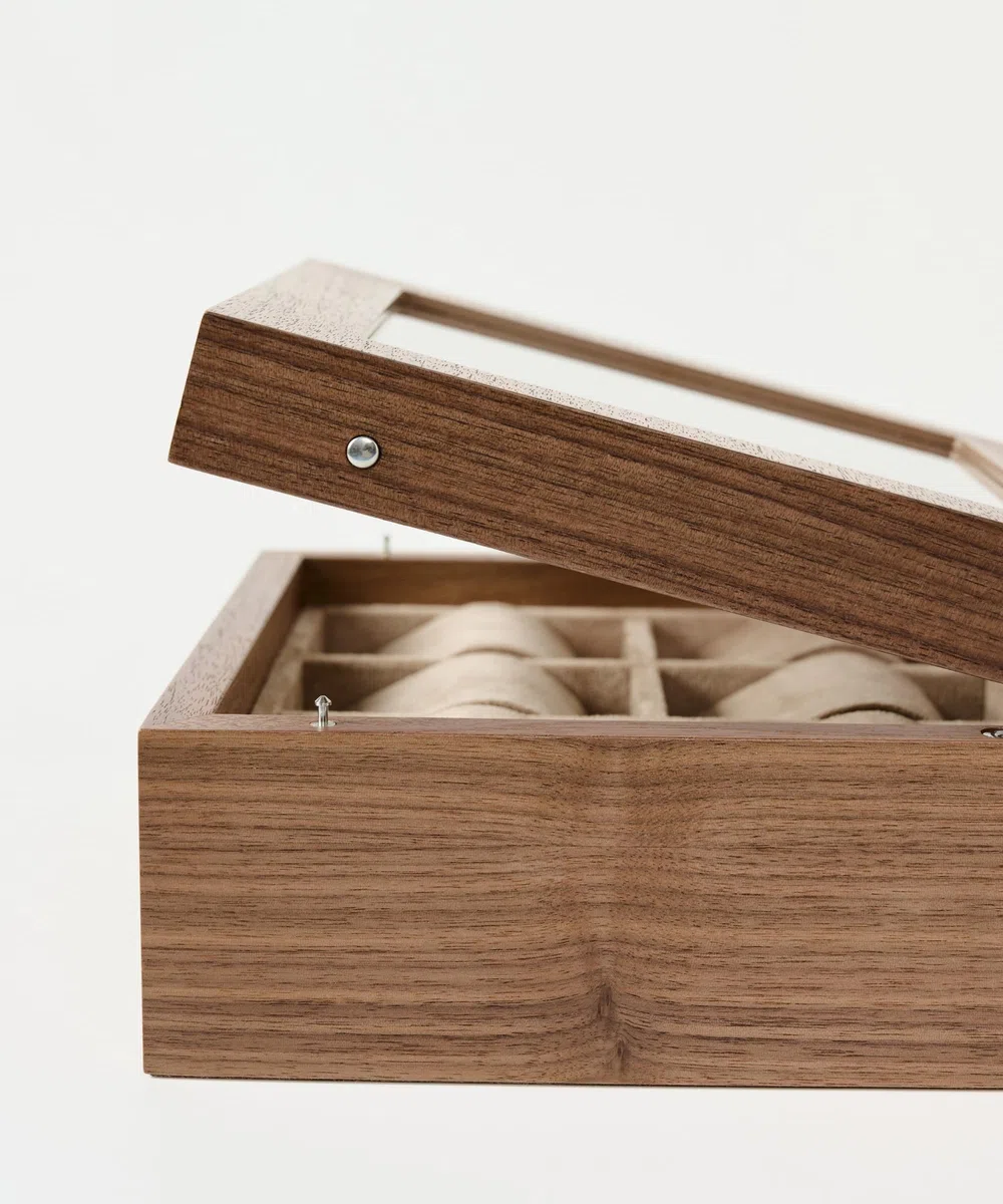 TAWBURY Custodia per orologi in legno, con 6 scomparti, per uomini e donne, con display in vetro, interno protettivo completamente foderato e cuscini larghi 5 cm per orologi piccoli e grandi (noce