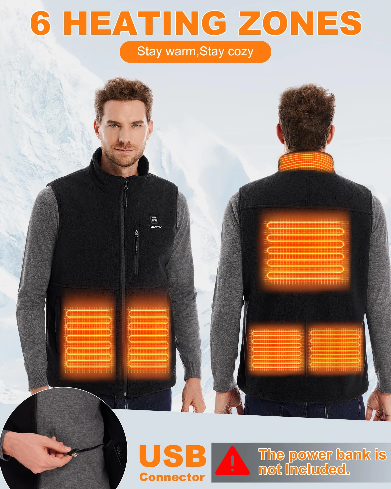 Gilet Riscaldato in Pile Uomo, Gilet Riscaldato Elettrico con 3 Temperature, 6 Zone di Riscaldamento, Giacca Riscaldata USB, Gilet Riscaldato per Attività Outdoor (Senza Batteria)