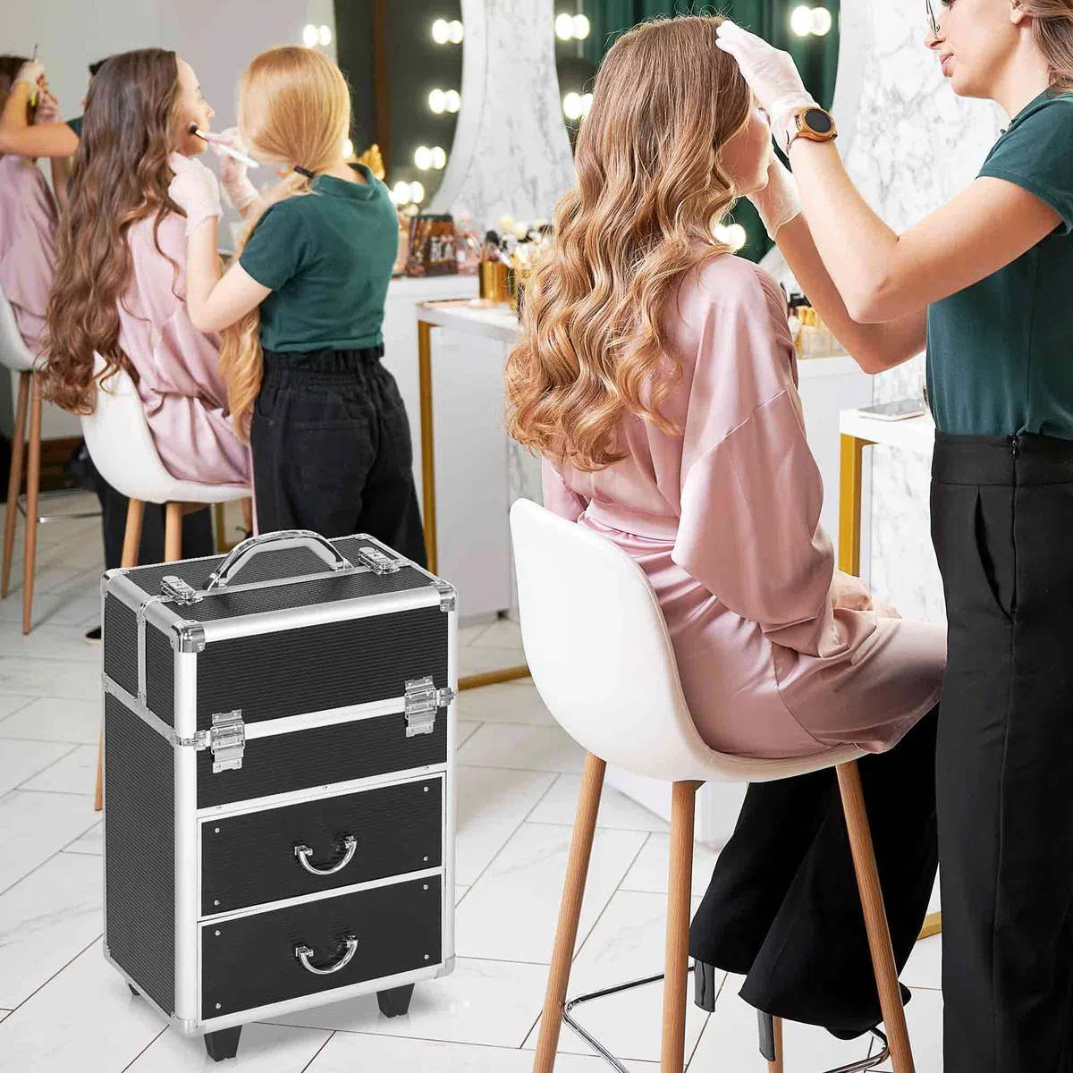 HOMCOM Valigetta Porta Trucchi Professionale, Trolley Make Up Rinforzato in MDF, Alluminio e Acciaio, Blocco con 2 Chiavi e Ruote, 36x23x58 cm, Nero
