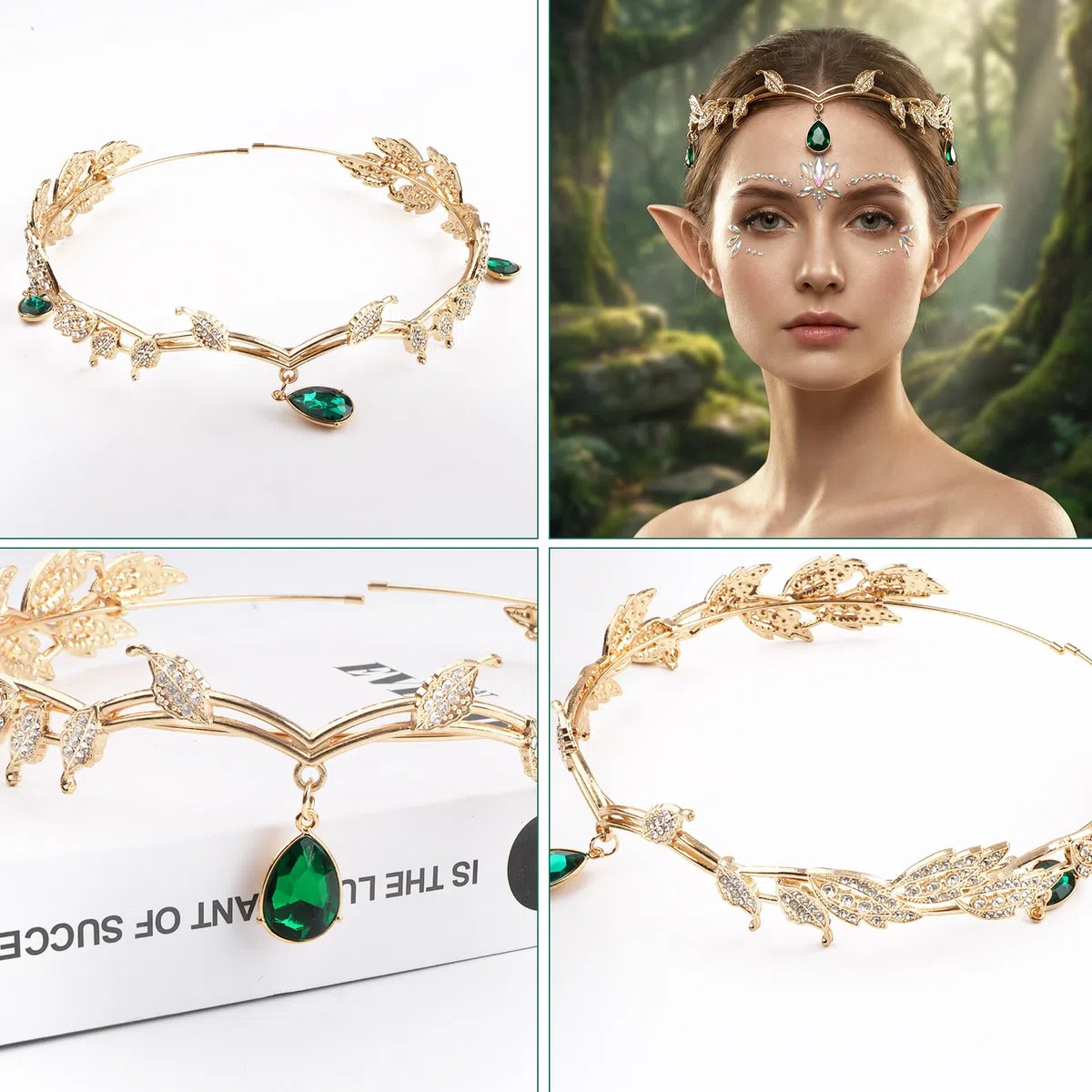 Corona da Elfo per Costume con 1 Paio di Orecchie da Elfo, Tatuaggi Temporanei Ali e Brillantini Adesivi Viso per Matrimoni Carnevale Cosplay Rinascimento
