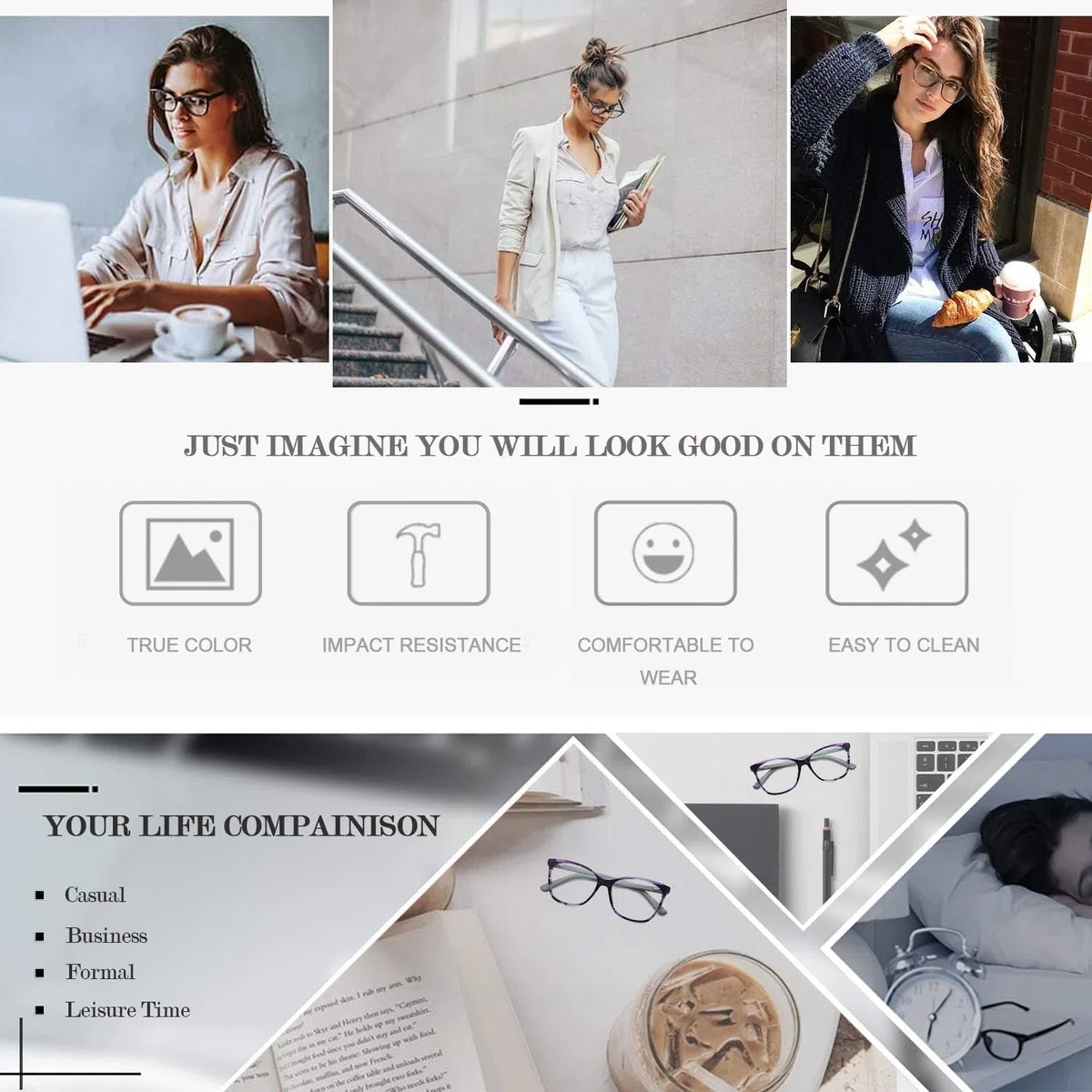 Eleganti occhiali da vista classici da donna con lenti trasparenti ottiche quadrate in acetato lucido senza prescrizione