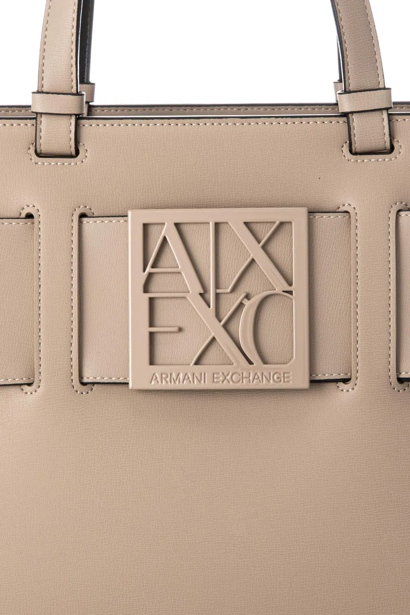 Armani Exchange Susy, Monogram Classic, Metal Logo, Shoulder Strap, Shopping Bag Donna, Sabbia