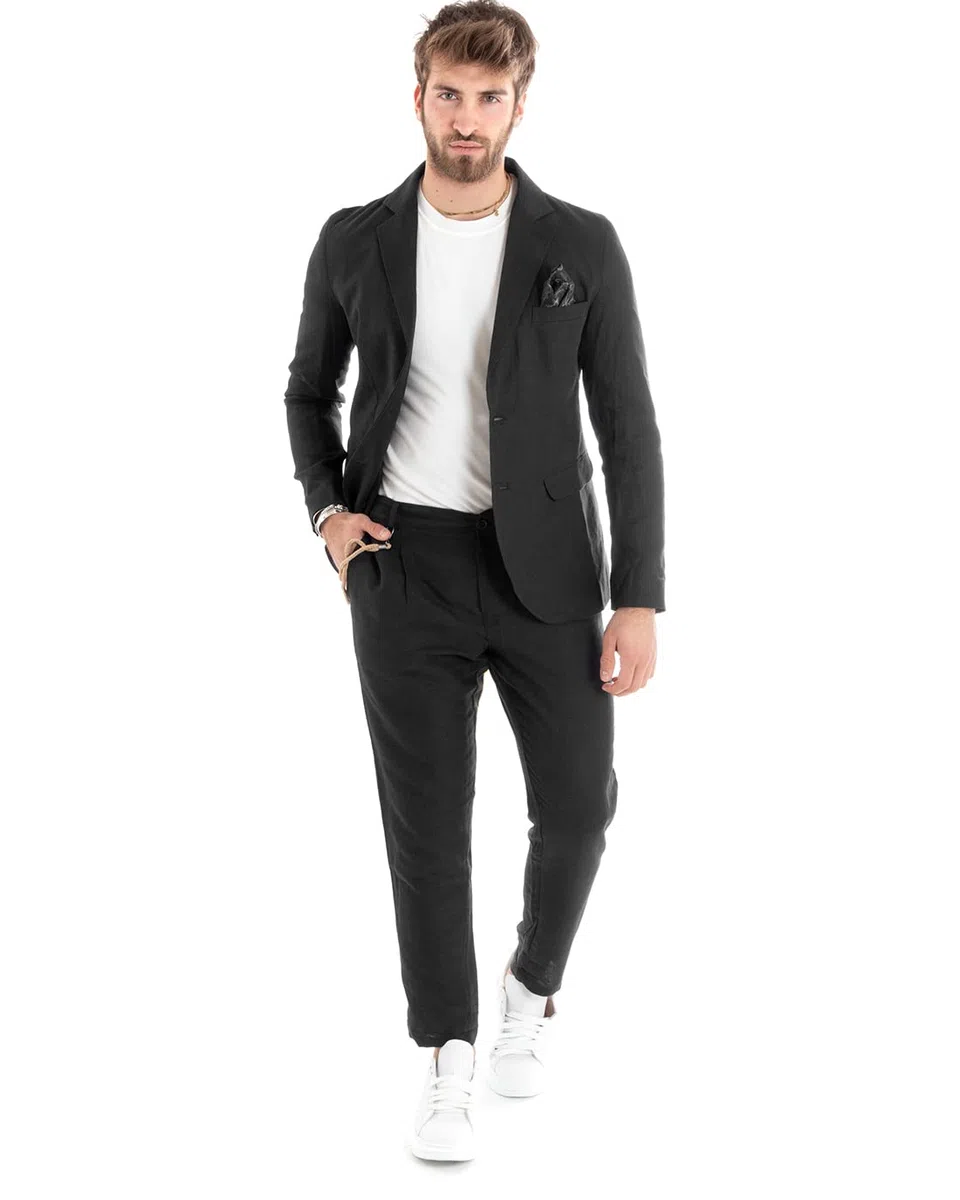 Outfit Uomo Abito Completo Lino Giacca Monopetto Pantalone Classico Tinta Unita Taschino a Pochette