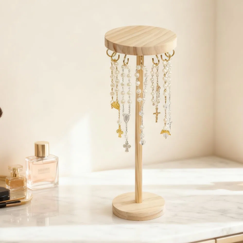 2 Porta Collane Legno Espositore Collane Lunghe con 24 Ganci Espositore Porta Gioielli Bracciali Orecchini da Appendere Portachiavi da Tavolo con Base Legno per la Camera da Letto Toeletta