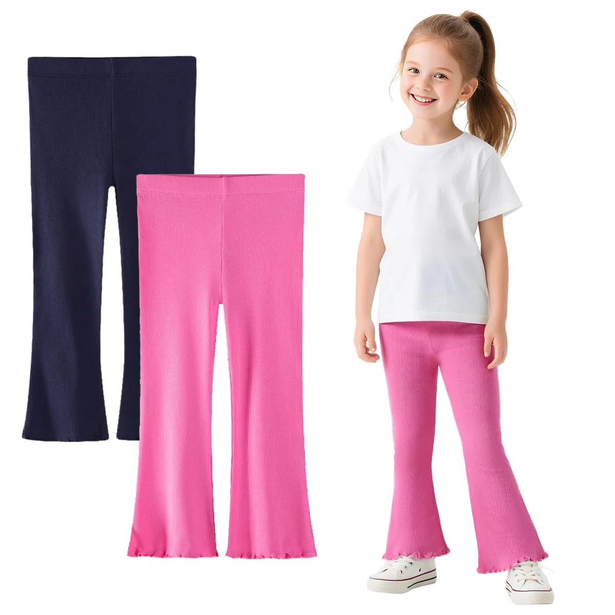 Leggings per Ragazze Cotone Traspirante Bambina Flared Pantaloni Lunghezza, Pacco da 2, Bootcut Leggins Vita Alta Casual Sportivo Abbigliamento per Bambini 2-7 Anni