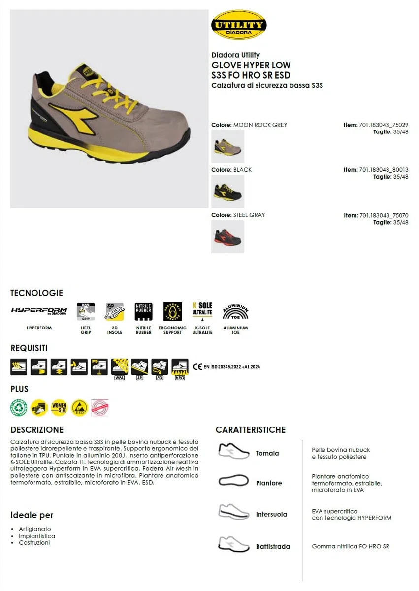 Diadora Scarpa da Lavoro Glove Hyper Low S3S FO HRO SR ESD