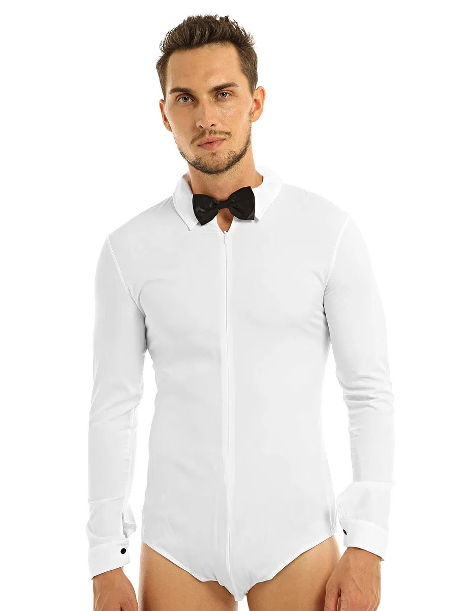 Freebily Camicia Uomo Slim Fit Manica Lunga Casual Body da Ballo Latino Americano con Cravatta Dancewear Pattinaggio Artistico Ghiaccio per Gara Competizione Spettacolo