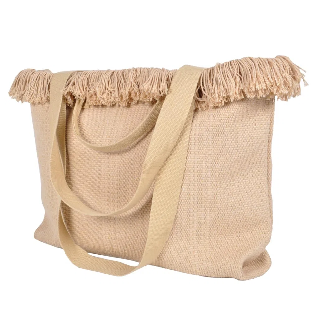 BORSA CON FRANGE E RICAMO GRANDE 100% PL AQUA DI MARE 22929 SENAPE