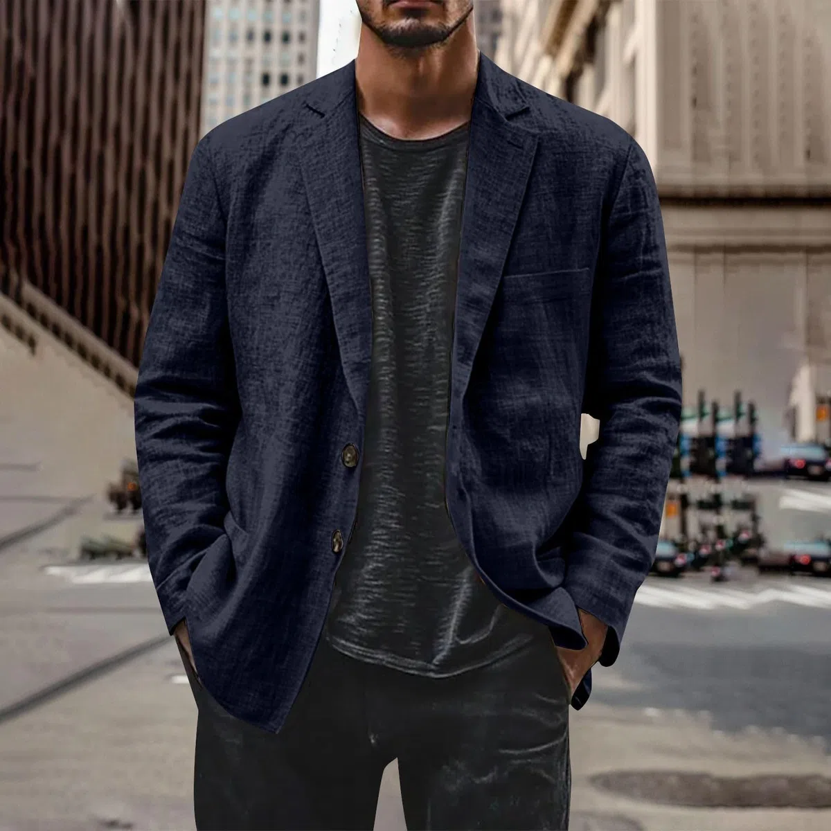 Generisch Giacca casual da uomo, effetto lino, leggera giacca per il tempo libero per un look intelligente e casual | Moderno blazer estivo con chiusura a due bottoni