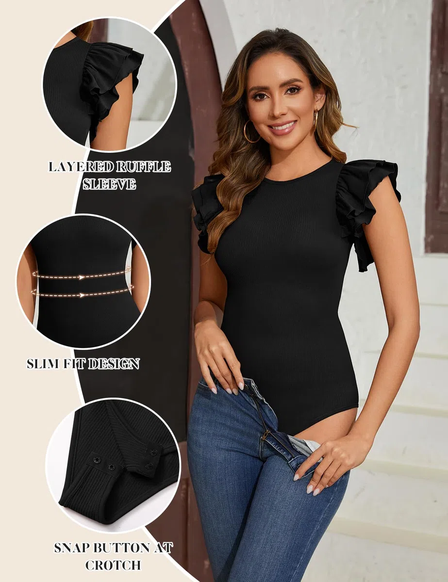 Vancavoo Body Donna Elegante Manica Corte Bodysuit Scollo Rotondo Top con Volant Elastico Body a Perizoma T-Shirt