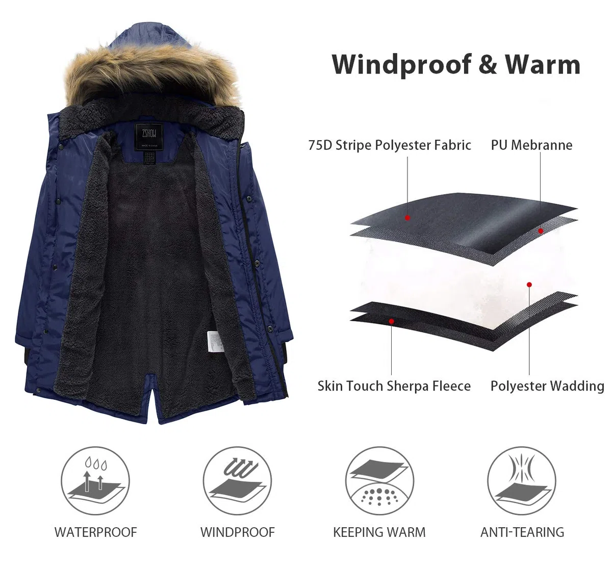 ZSHOW Giacca Invernale Caldo Antivento Parka Media Lunghezza Giubbotto con Cappuccio Pelliccia Capispalla Imbottito Idrorepellente Bambino