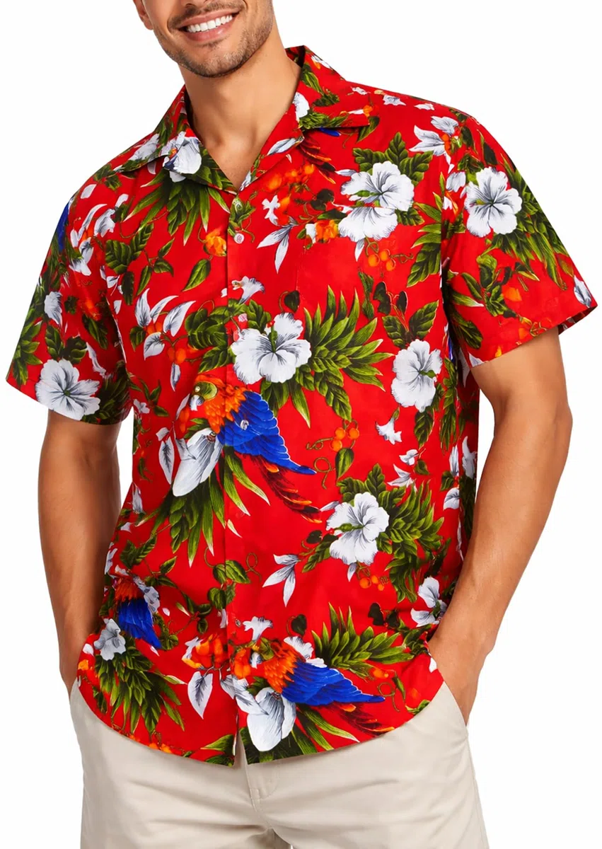 King Kameha Camicia Hawaiana Uomo a Maniche Corte con Stampa Pappagallo e Ciliegia