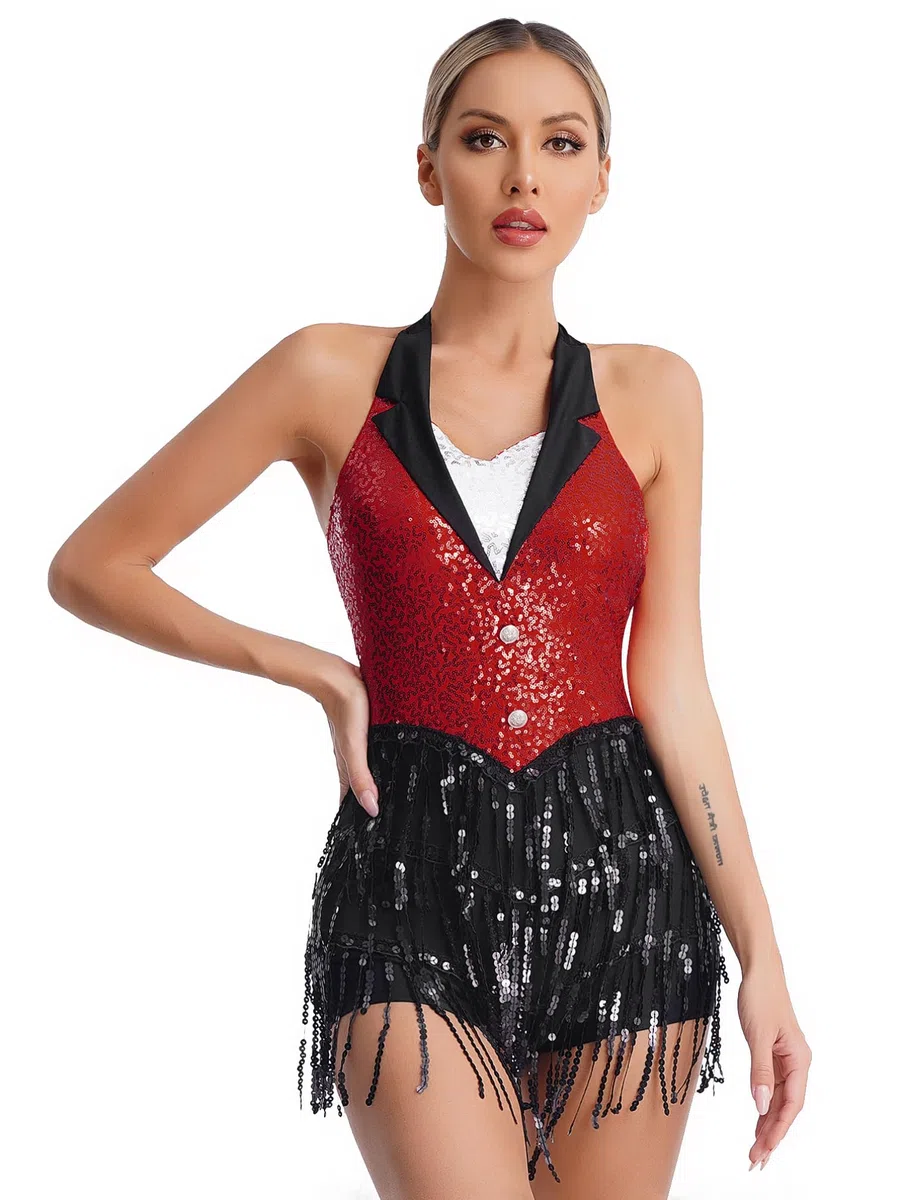 YiZYiF Abito da Ballo Latino da Donna Frange Abito da Salsa Tango con Paillettes Senza Maniche Vestiti Ballo Samba Rumba Competizione Vestito da Danza Classica Jazz