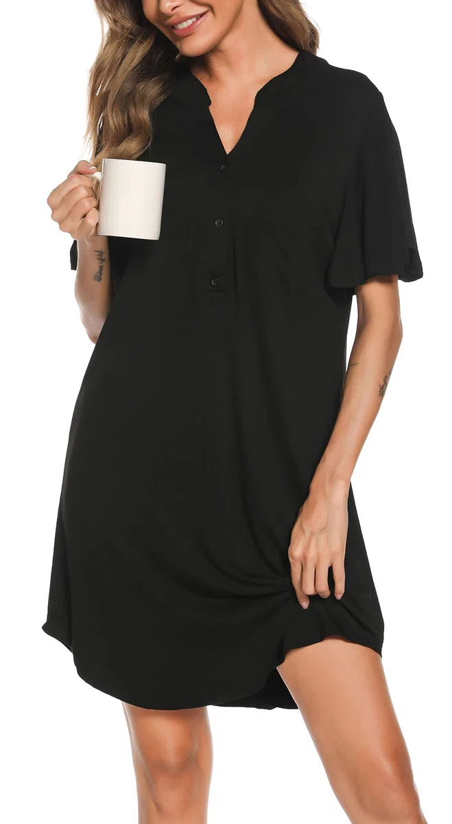 Wikoan Camicia da Notte Donna,Corto Vestito da Notte a Manica con Bottoni,Notte Donna con Tasche S-XXL