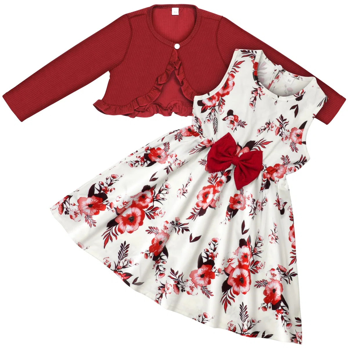 Vicloon Vestito e Cardigan per Bambine, Vestito Floreale Senza Maniche, Manica Lunga Cappotto Volant, 2 Pezzi Abiti per Ragazze 3-5 Anni