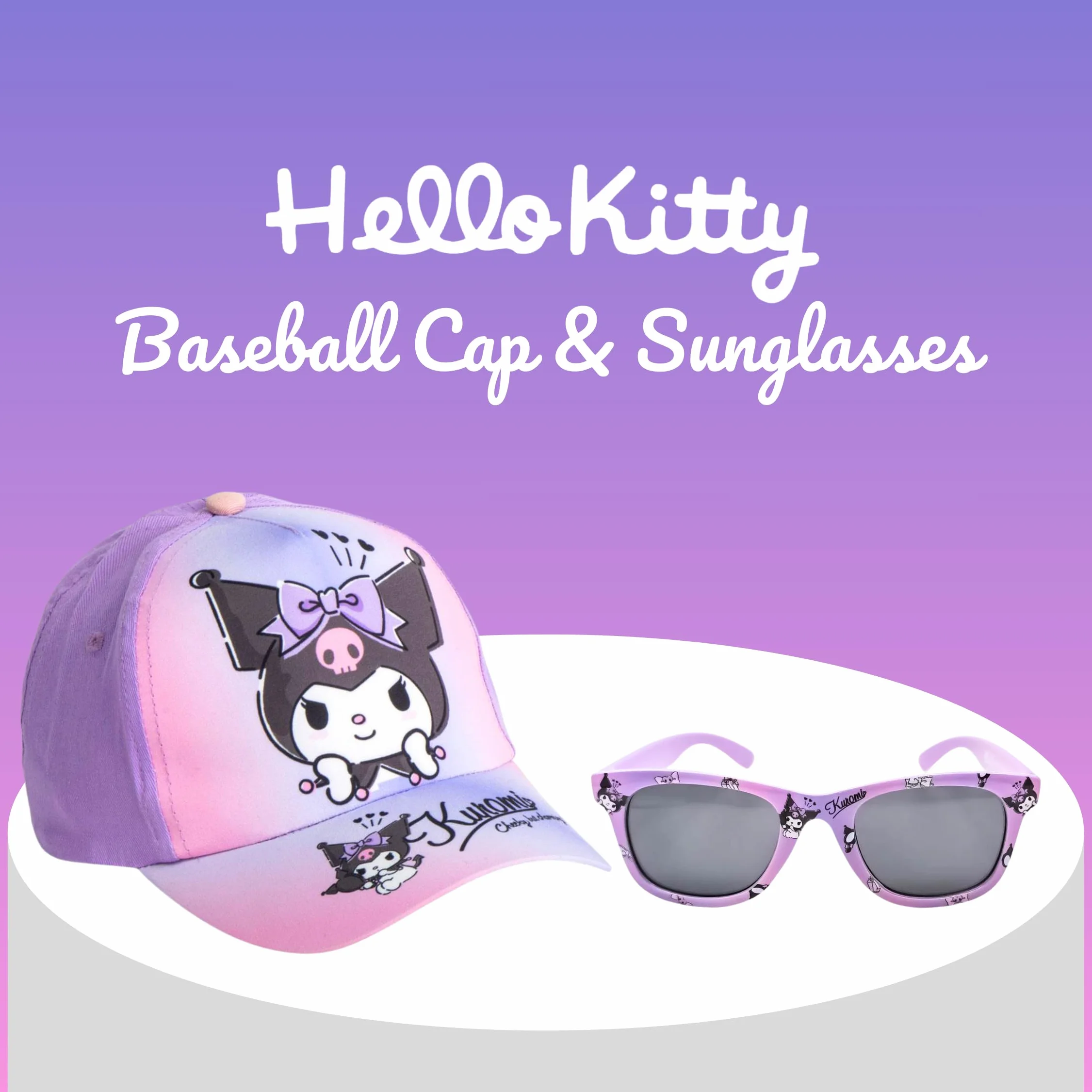 Hello Kitty Kuromi Set da Cappello da Baseball e Occhiali da Sole per Ragazze, Occhiali da Sole con Protezione UV, Berretto per Bambine