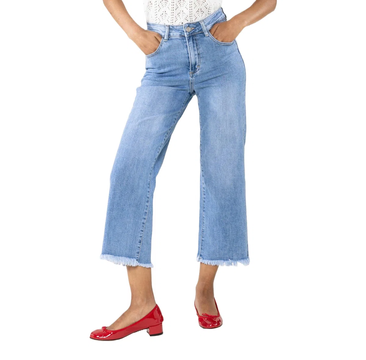 Nina Carter Q1850 Jeans da donna - 7/8 Cropped, vita alta, elasticizzati, svasati, look usato, sfilacciati