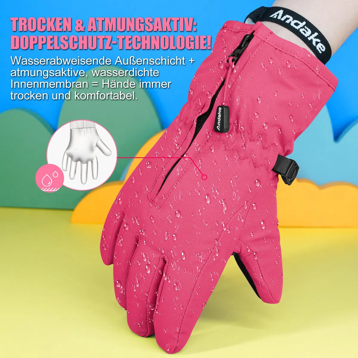 Andake Bambini Guanti da Sci, 3M Thinsulate Ragazzi e Ragazze Guanti Invernali Caldo Impermeabile A prova di vento per Sci, Palla di neve e Sport invernali all'aperto (Rosa, 2-4 anni)