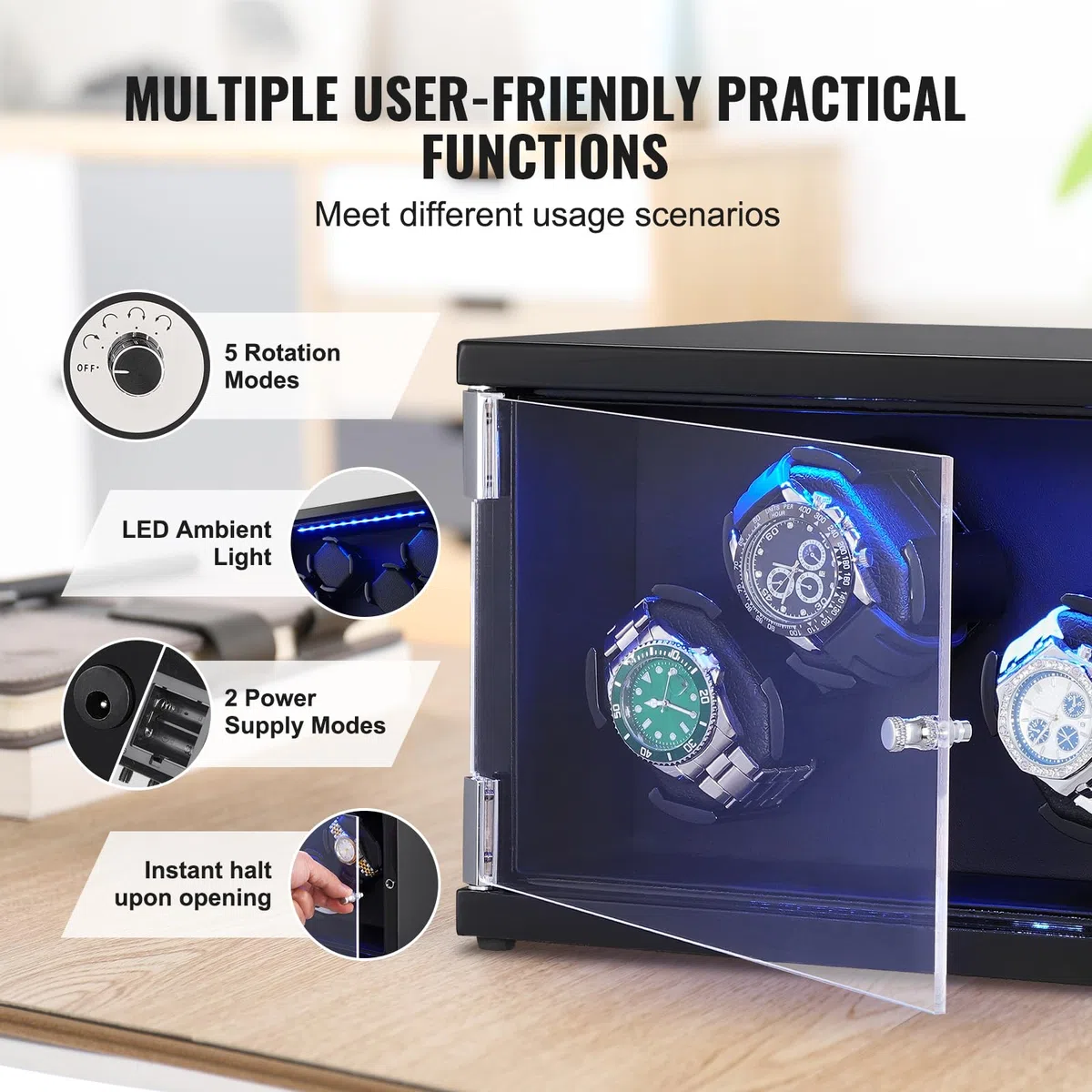 VEVOR Caricaorologi, Caricaorologi per 4 orologi automatici da uomo e da donna, con 2 motori giapponesi super silenziosi, luce LED blu e adattatore, guscio ad alta densità e PU nero
