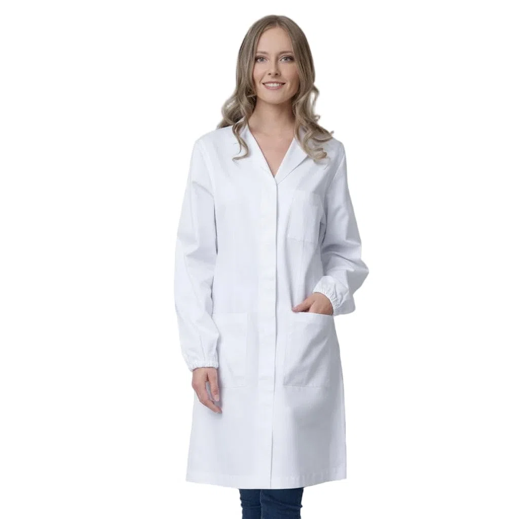 Camice da Laboratorio Donna, Cotone Bianco, Polsini Elasticizzati, Bottoni Automatici