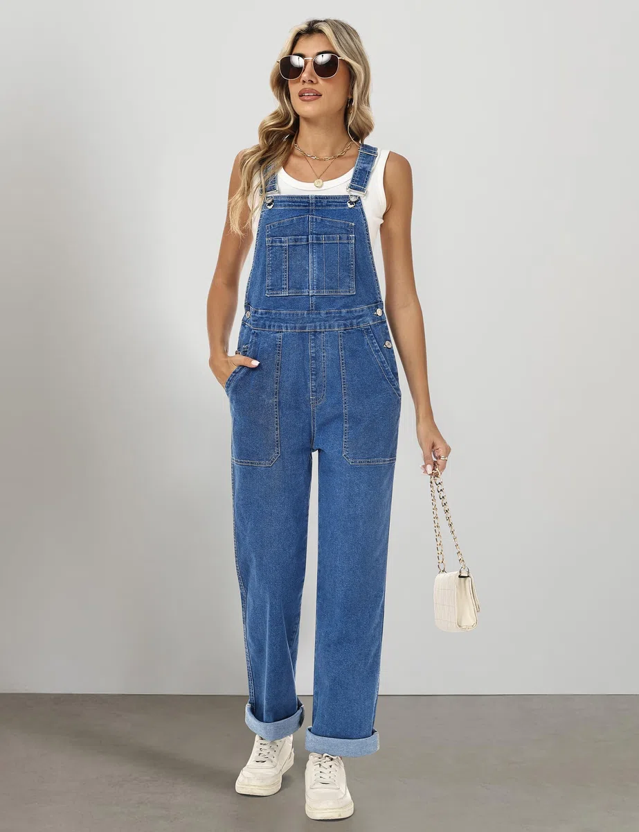 Fengbay Salopette da donna in denim, tuta da donna in denim, con spalline regolabili, casual, ampia, con tasche