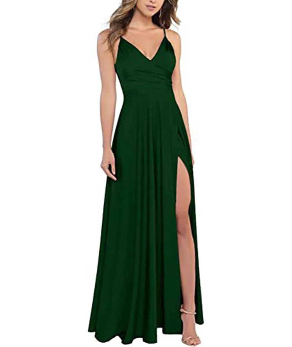 xxxiticat Abito da donna con scollo a V, spalline sottili, lungo, in raso, linea ad A, per damigella d'onore, formale, in raso, con spacco