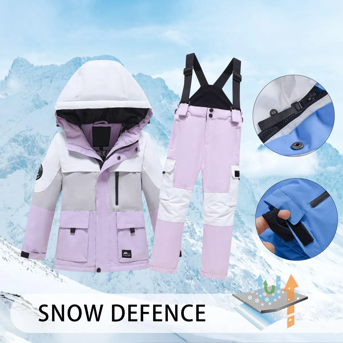 Tuta da sci per bambini e bambine con stampa a maniche lunghe, in velluto ispessito, caldo, antivento e impermeabile, top e pantaloni, 2 pezzi