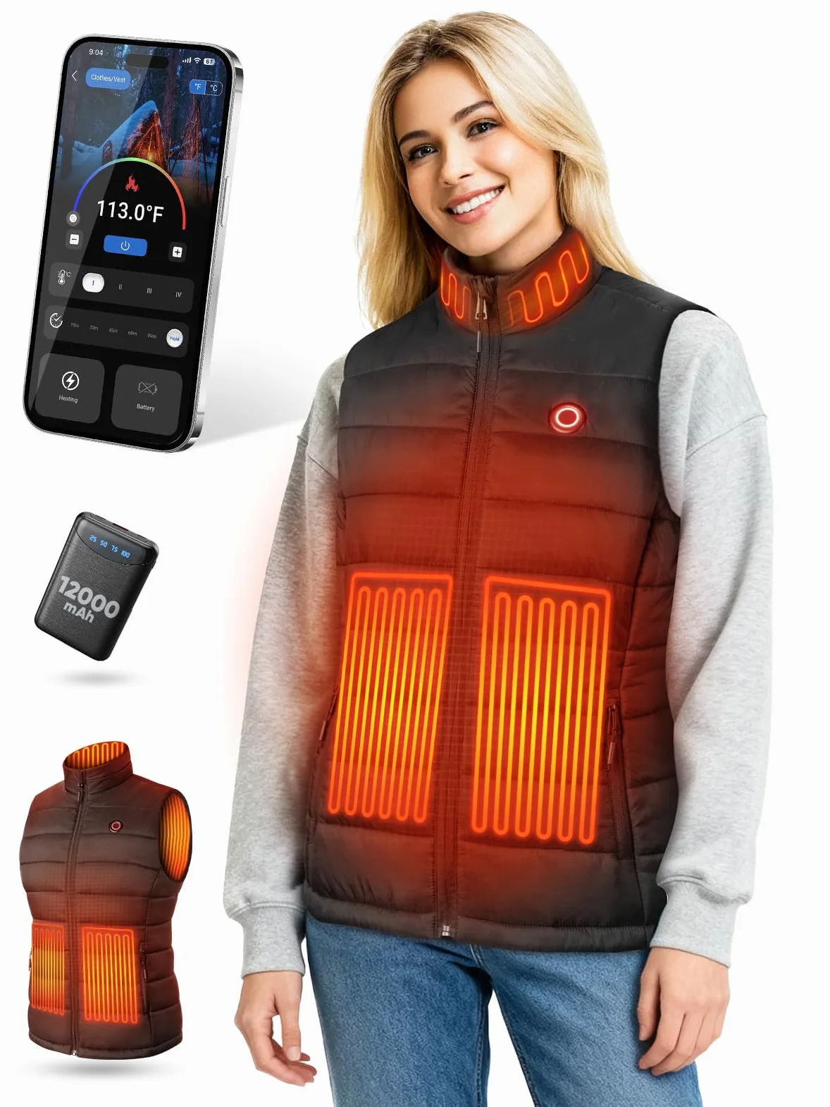 Gilet Riscaldante Donna con Batteria 12V 12000mAh, 4 Livelli di Calore e Controllo App, Gilet Termico Leggero per Invierno Lavoro da Casa, Passeggiate, Escursionismo e Tempo Libero
