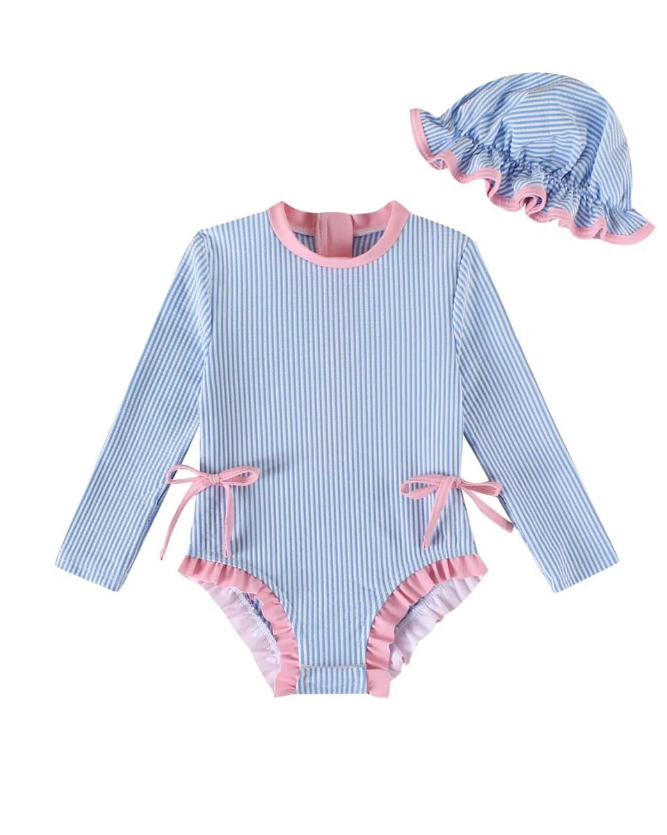 DivingBirds Costume Maniche Lunghe Neonata e Bambina, Costume da Bagno Intero Bebe e Bambina con Cappellino, Cerniera e Bottoni a Pressione 3-24 Mesi