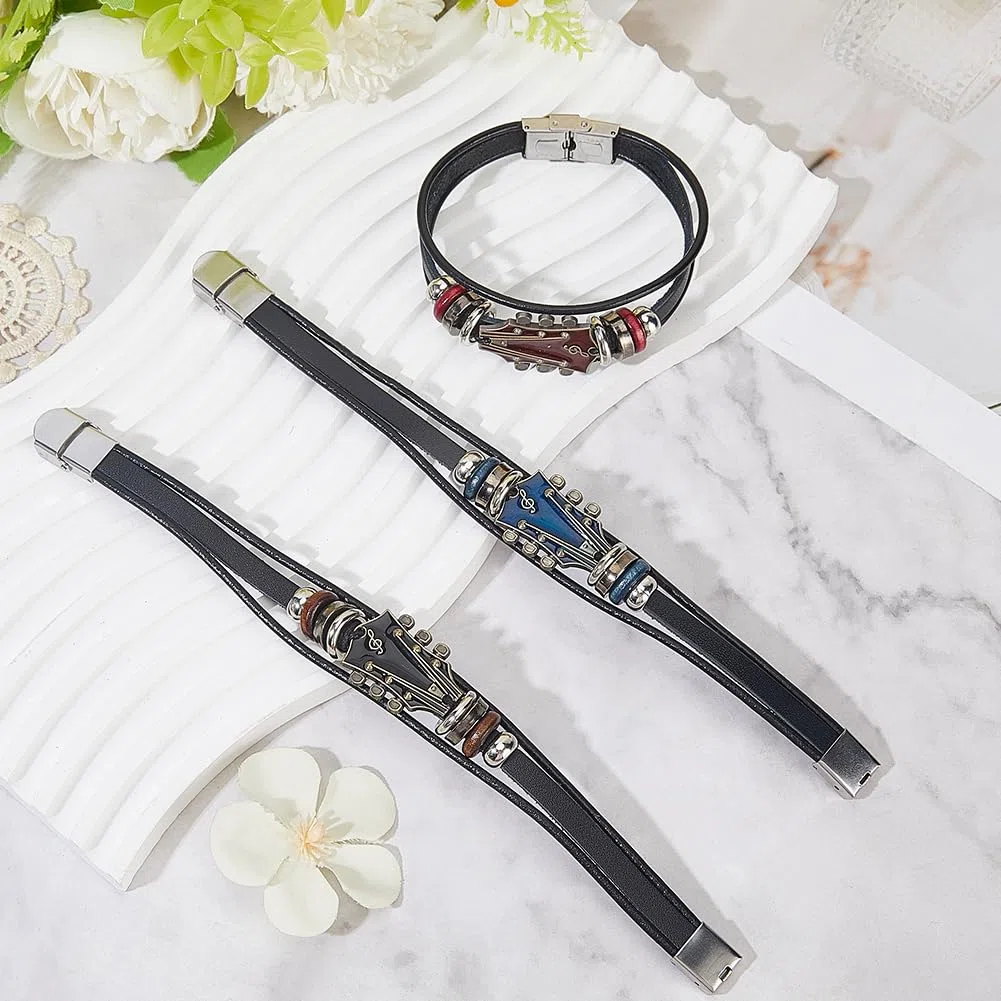 Bracciale Avvolgente in Pelle PU con Chitarra retrò, Stile Punk, Multistrato, Rock, Musica, Etnico, Tribale, Impilabile, Intrecciato, per Uomo, Regalo per Appassionati di Musica