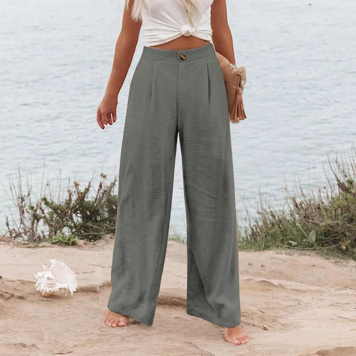 Pantaloni Donna Estivi Lino Pants con Tasca Taglio Dritto Pantalone a Gamba Larga con Elastico in Vita Freschi Comodi Abbigliamento Tinta Unita Solido Sciolto Vacanze Mare S-XXL