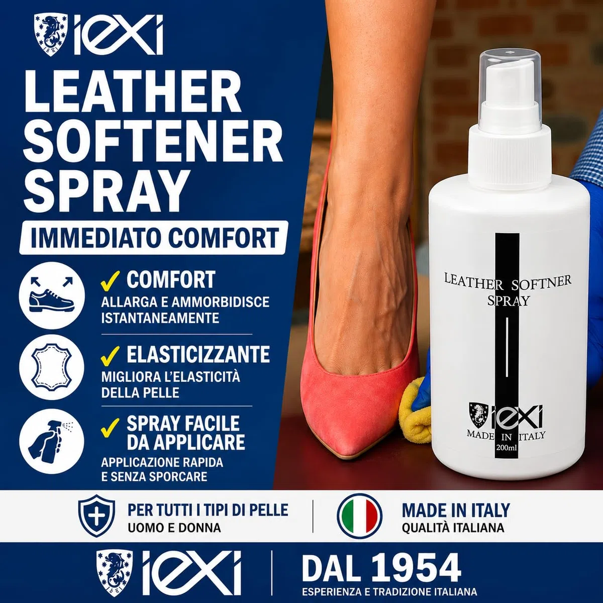IEXI Leather Softner Allarga Scarpe Spray, Made in Italy - Formato 200 ml - Elasticizzante Istantaneo per tutti i tipi di Calzature Uomo e Donna in Vera Pelle - Ammorbidente Pelle Scarpe