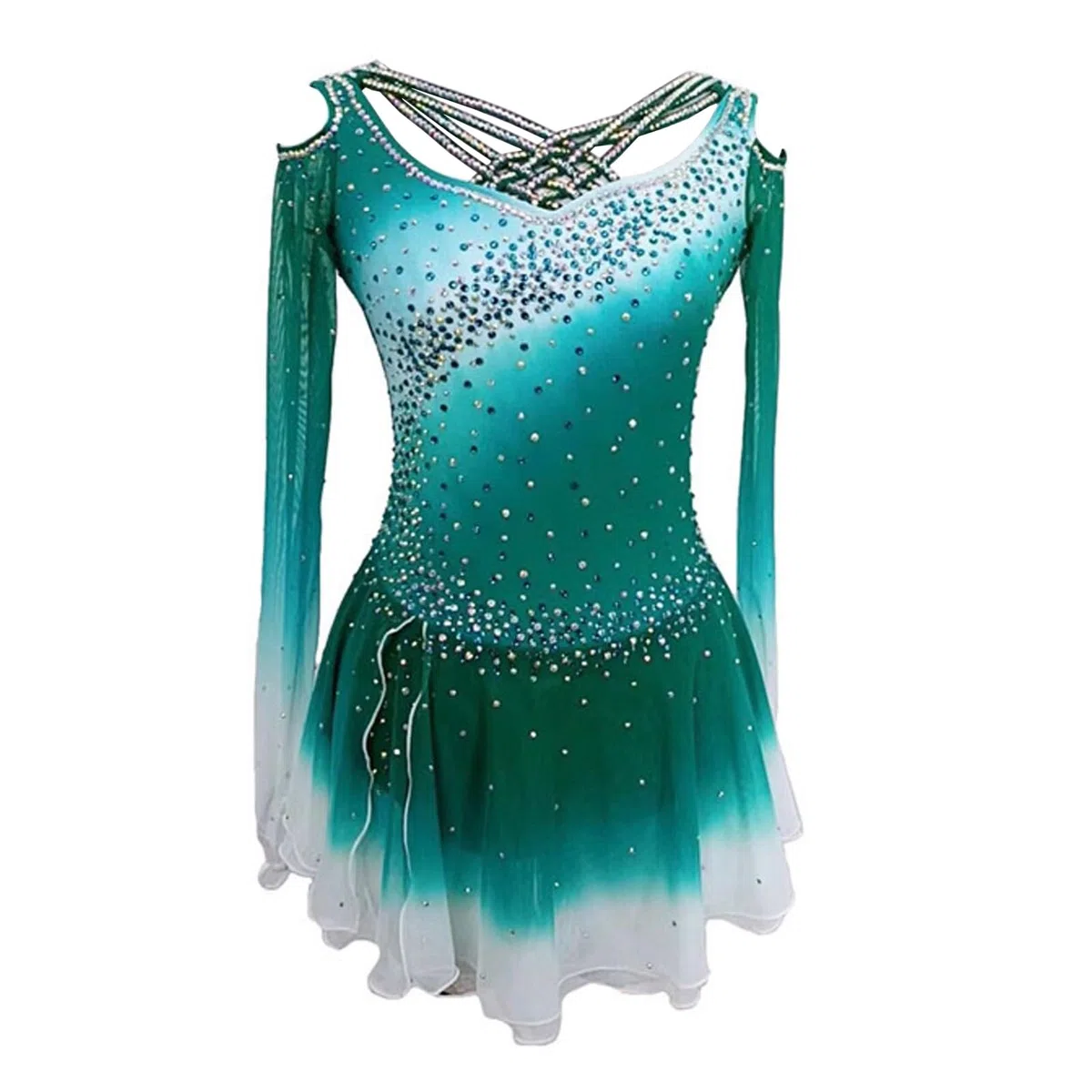 Vestito da pattinaggio di figura for ragazze, vestito da ballo da competizione a squadre con gradiente di ghiaccio, aperto sulla schiena, con strass lucenti