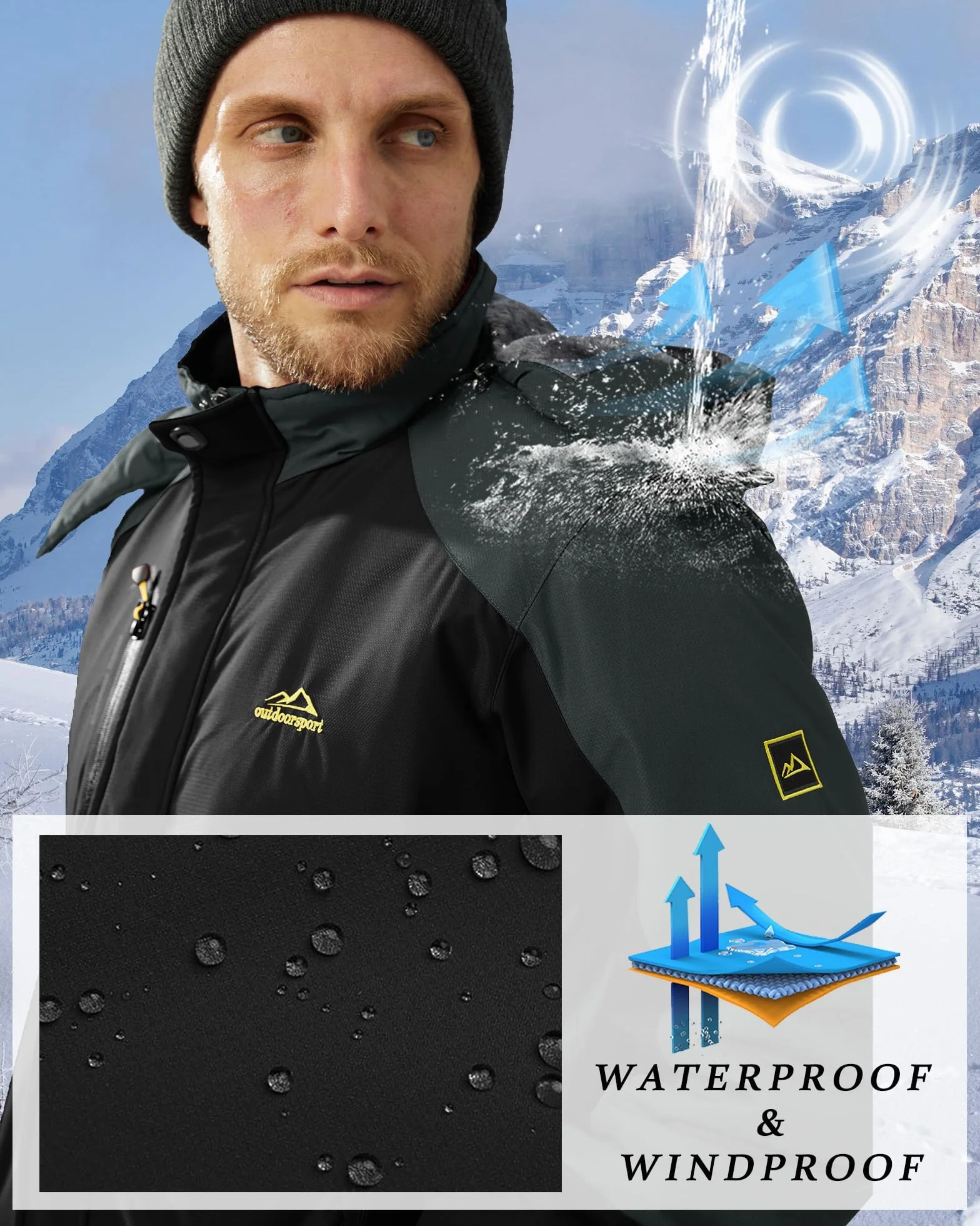KEFITEVD Giacca Invernale Uomo Giacca da Sci Impermeabile Calda Foderata Outdoor con Cappuccio Staccabile Softshell Giacca Invernale in Pile