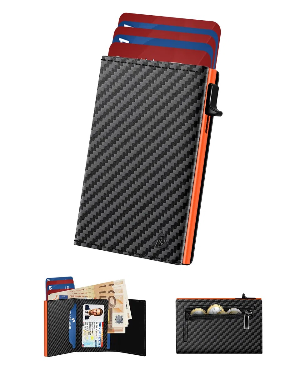 Porta Carte di Credito Uomo Piccolo, Portafoglio Uomo Slim con Chiusura Magnetica e Finestra ID, Portacarte in Pelle pop-up per 11 carte, Porta Tessere con Portamonete e Banconote, Nero e Arancione