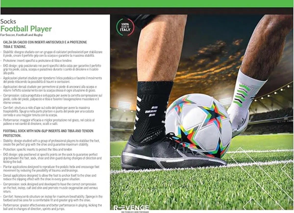 R-EVENGE Kit 4 Calze Tecniche da Calcio con inserti antiscivolo e protezione per tibia e tendine.