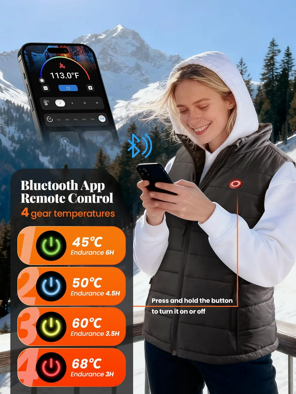 Gilet Riscaldante Donna con Batteria 12V 12000mAh, 4 Livelli di Calore e Controllo App, Gilet Termico Leggero per Invierno Lavoro da Casa, Passeggiate, Escursionismo e Tempo Libero