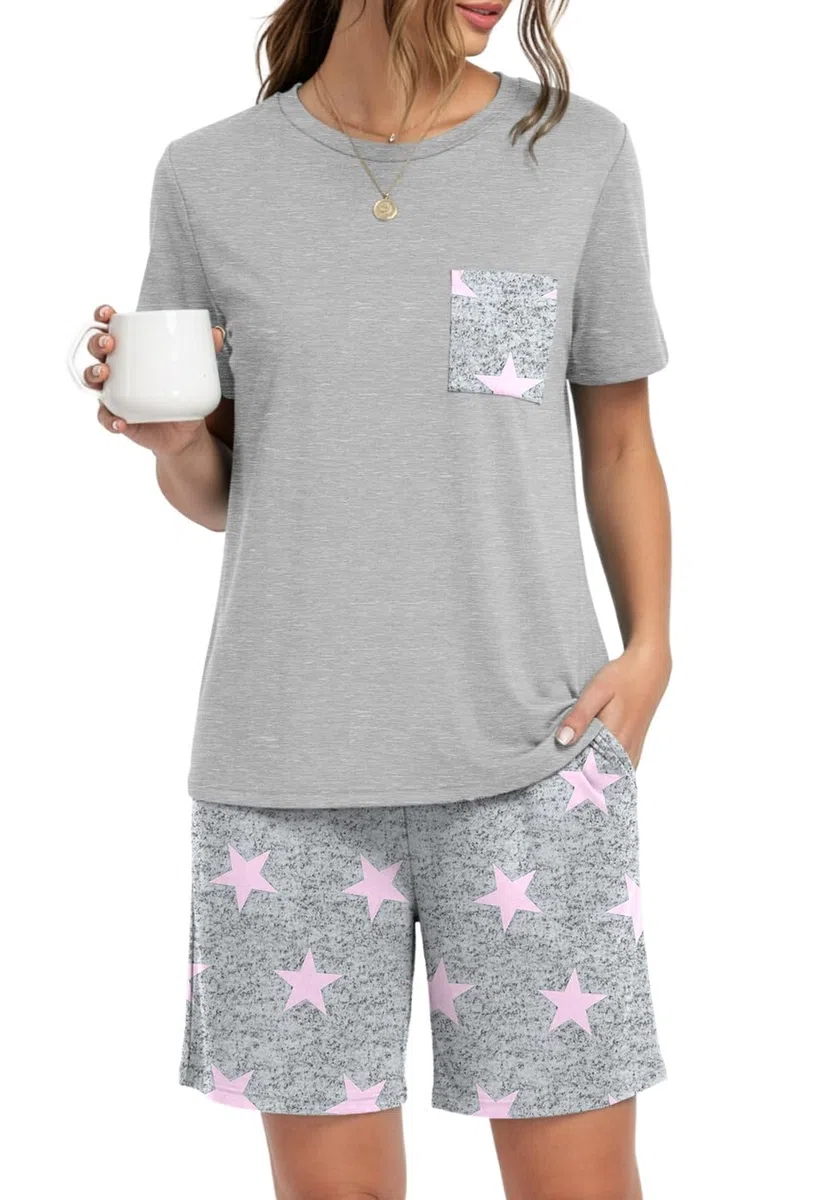 PrinStory Pigiama da donna a maniche corte, con scollo rotondo, abbigliamento estivo, maglietta e pantaloncini