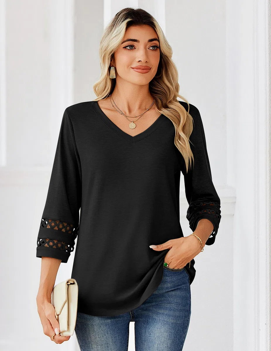 Zeagoo Camicia Donna Elegante Maniche 3/4 Camicie Scollo a V Camicetta Traforato Blusa Estive Ampia Tunica Top S-3XL