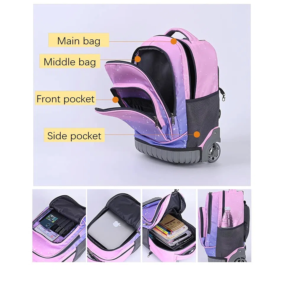 Zaino Trolley con Ruote per Studenti, impermeabile, Ragazzi Ragazze Zaino Trolley Rolling Zaino da viaggio, 32x21x46 cm