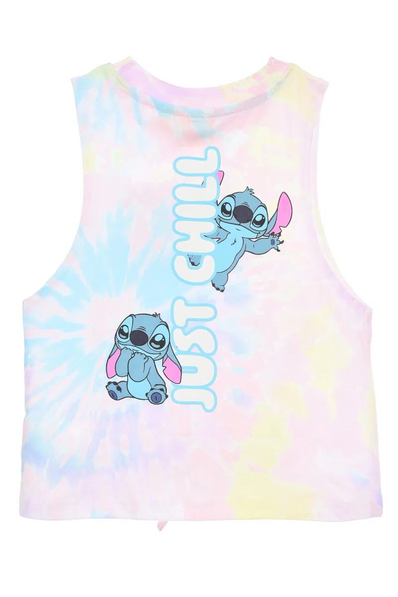 Disney Store Canotta Tie Dye per Bambine con Stitch, Senza Maniche con Nodo, 100% Cotone, Multicolore Arcobaleno, Beach & Love (Rosa, IT, età, 6 Anni)