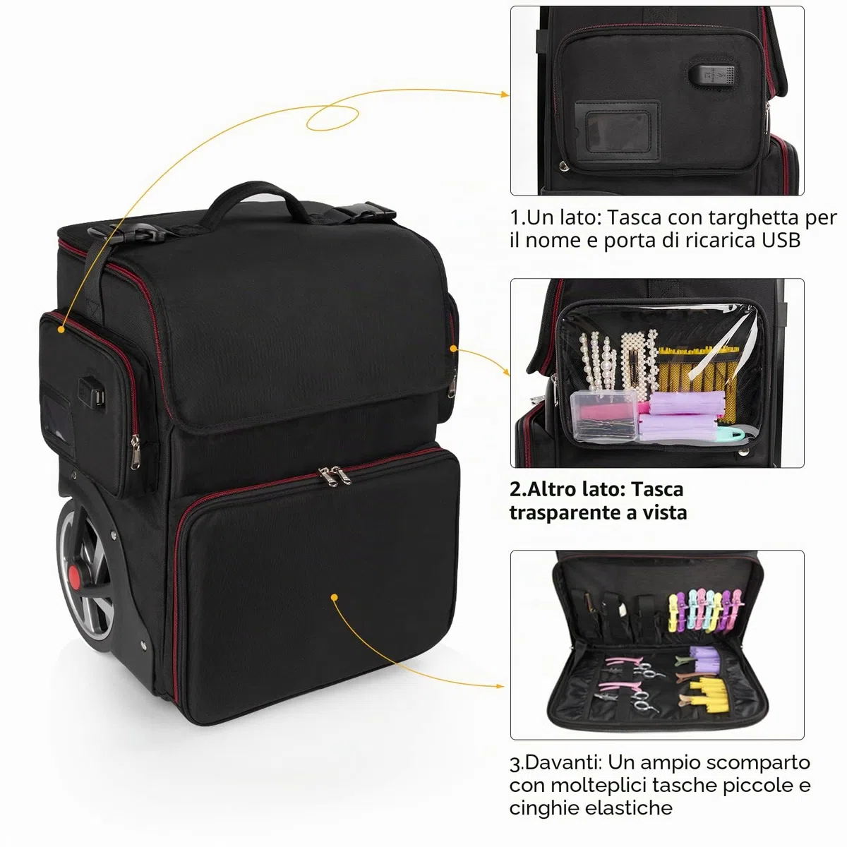 Grande valigetta cosmetica, custodia cosmetica per parrucchiere, borsa organizer per parrucchiere, isolamento termico, anti-scottatura, trolley con ruote, 1 trolley, Trolley per cosmetici extra grande