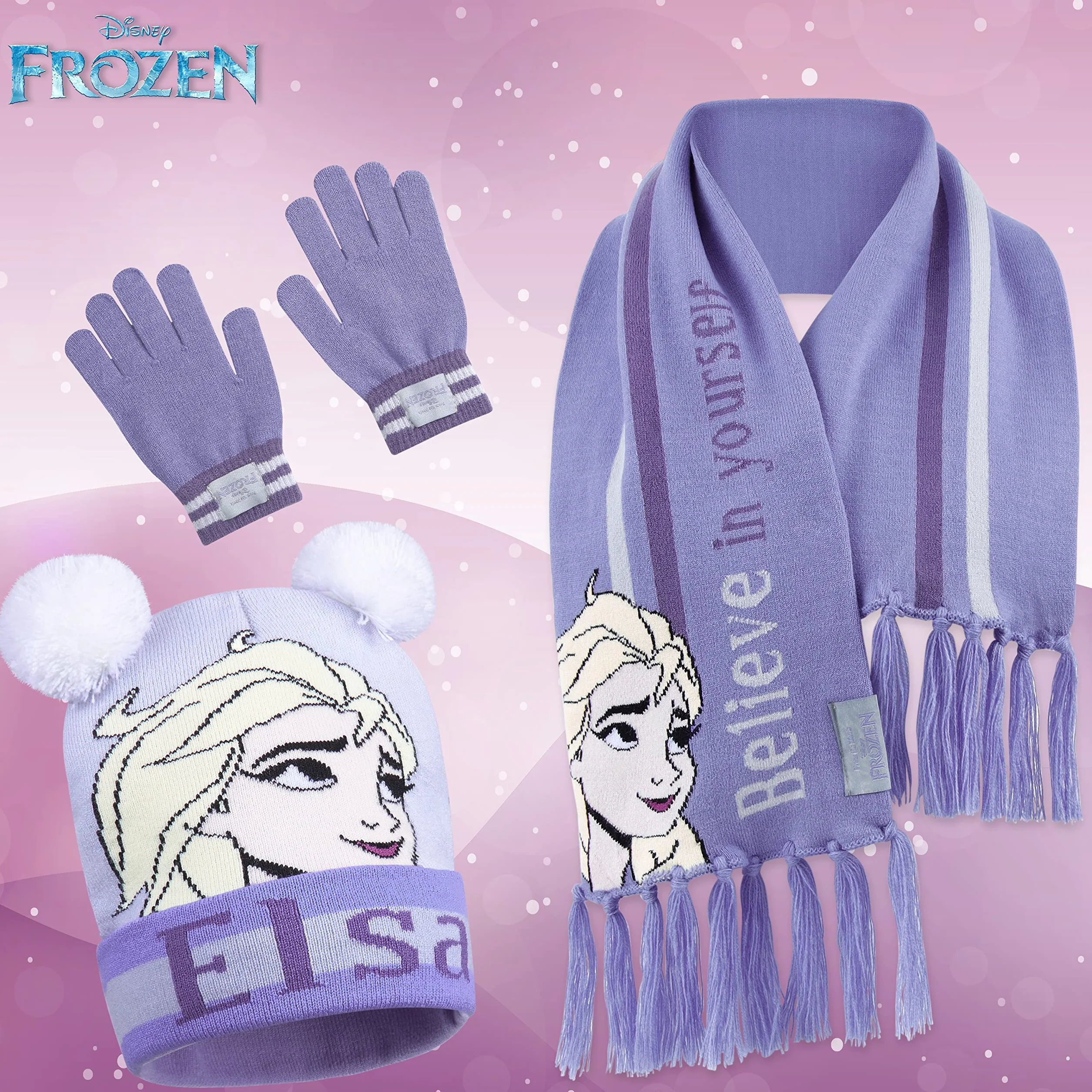 Disney Cappello Bambina Elsa Frozen, Set Invernale Cappello, Sciarpa, Guanti
