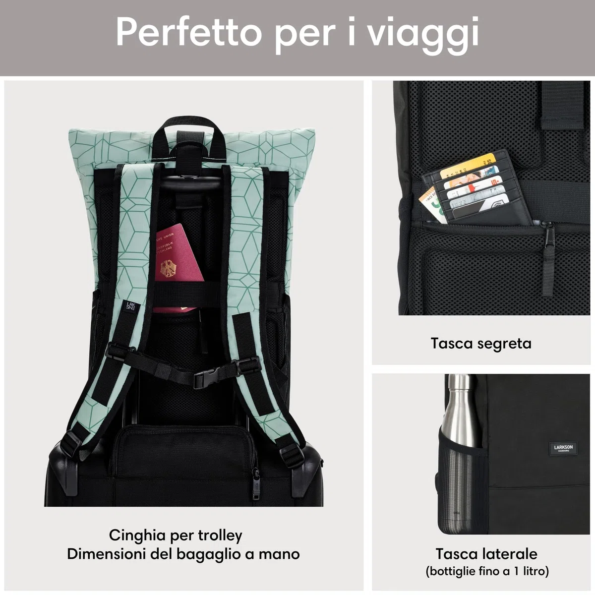 LARKSON Zaino Roll Top Uomo Donna - No 4 - Zainetto per Lavoro, Viaggio, Università - Porta Pc 16 Pollici - Materiale Sostenibile - Impermeabile