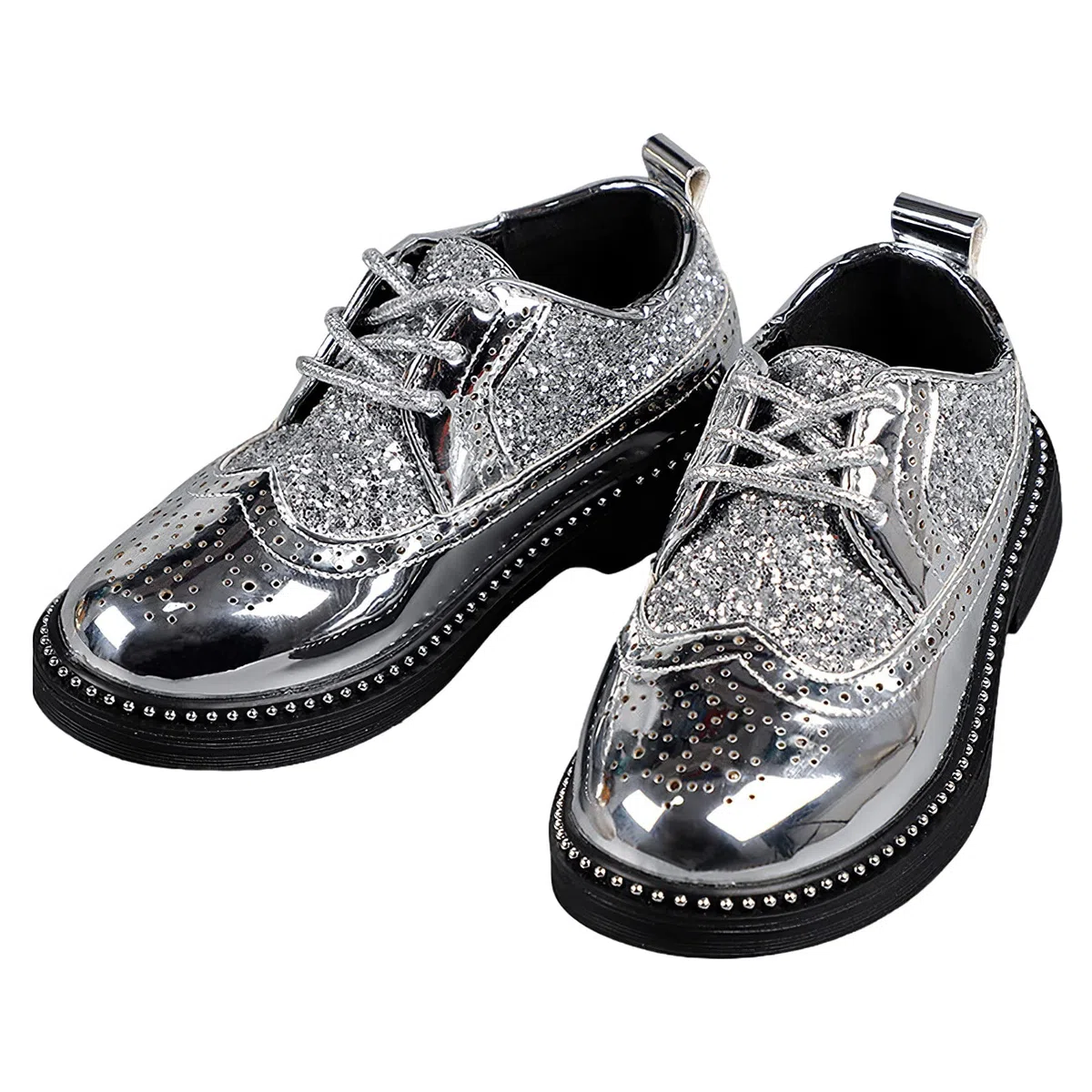 rismart Ragazzi Ragazze Stringata Brogue Oxfords Punta Rotonda Scintillante Paillettes Scarpe da Vestito Formali